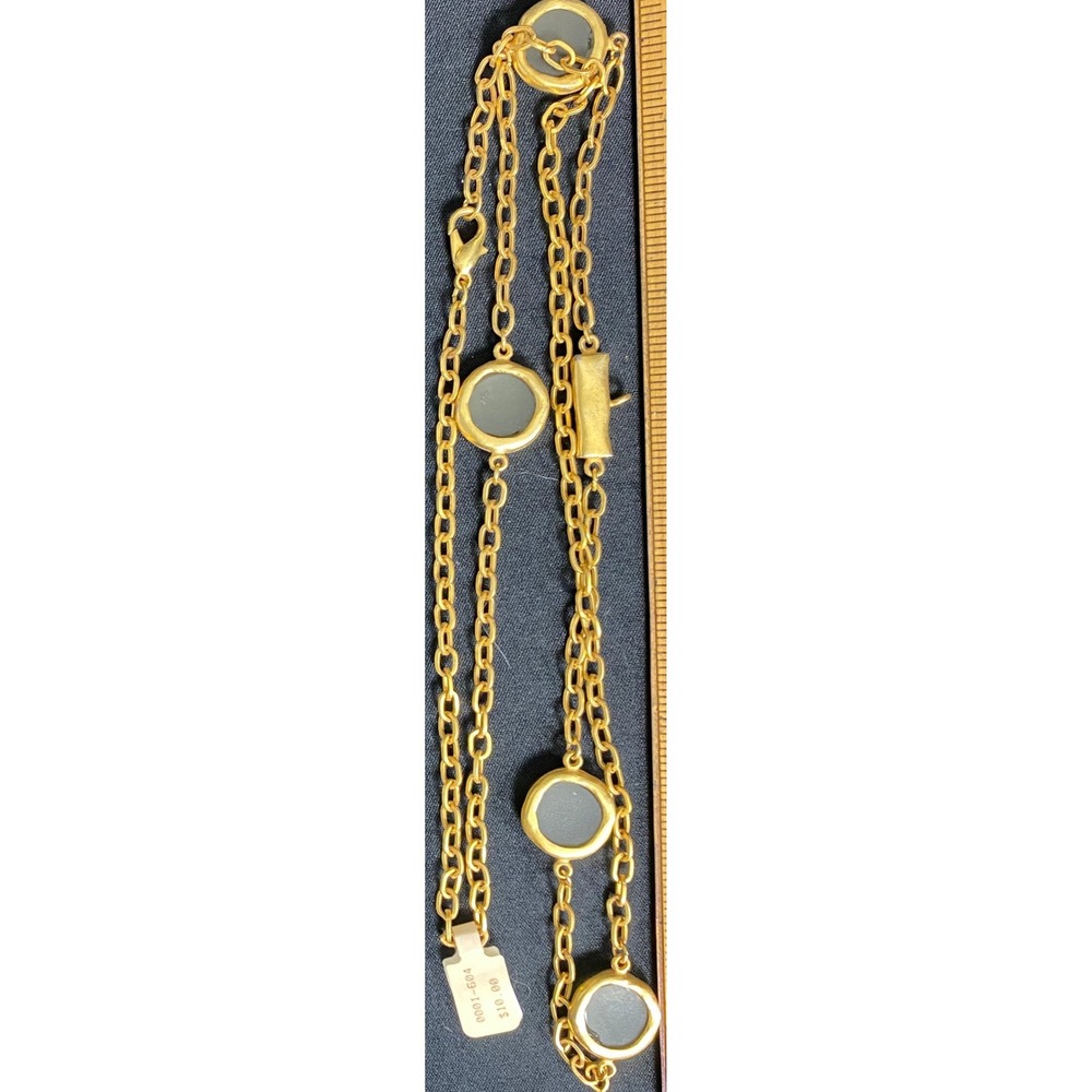 Gold Tone Chain Necklace With Round Gray Pendant Accents Tassel‎ Clasp